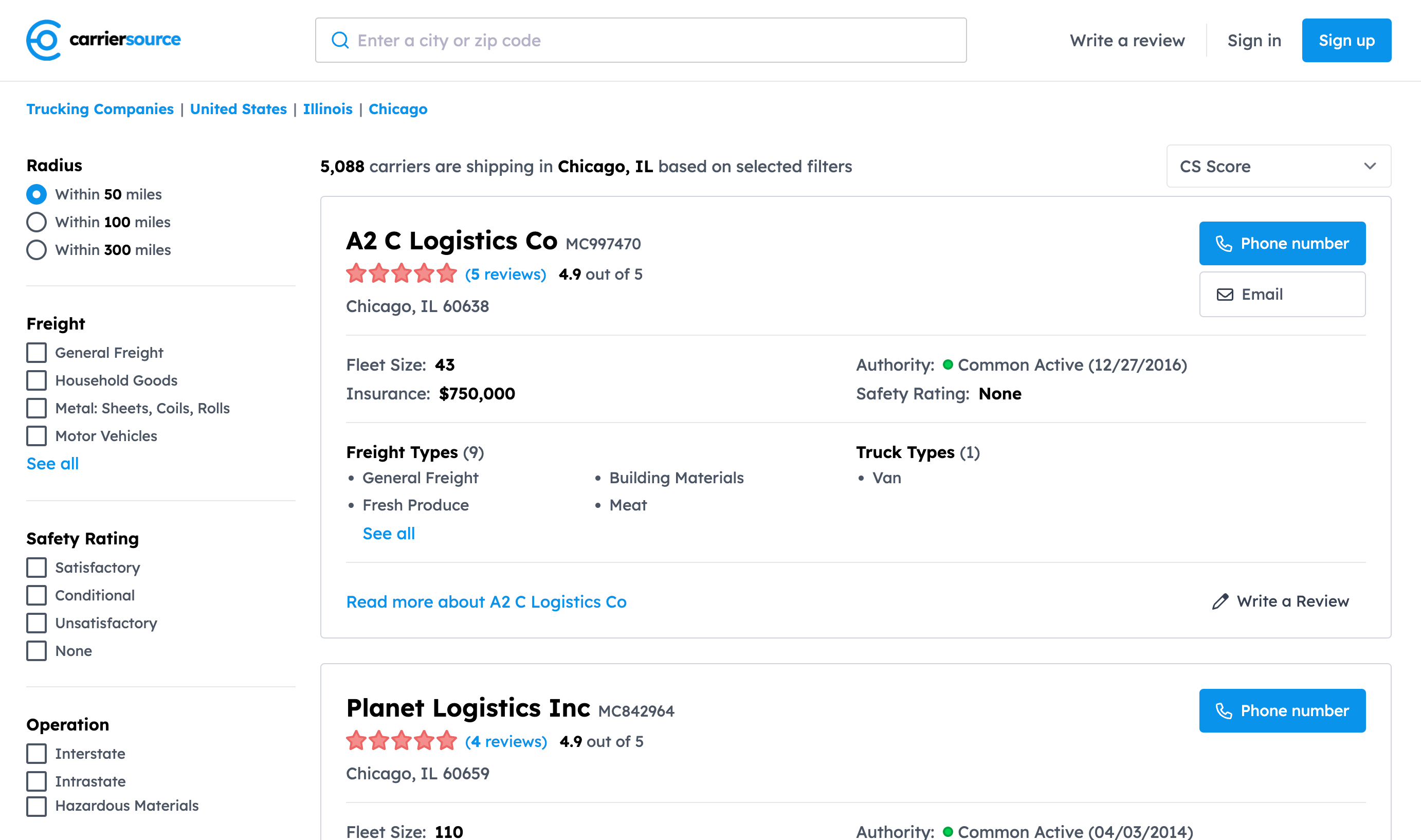 Screenshot of search results page on carriersource.io